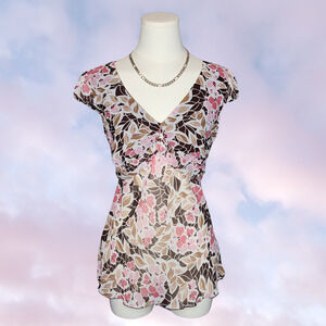 Y2k 2000 Vtg iz Byer Cali Floral Short Sleeve V-Neck Tie Back Chiffon Mesh Top L